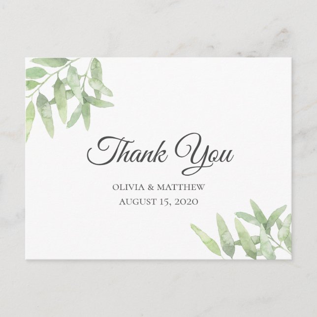 Elegant Olive Branch. Simple wedding Thank you Postcard (Front)