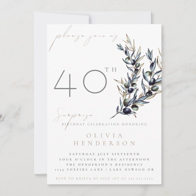 Elegant Olive Branch Surprise Birthday Invitation (Front)