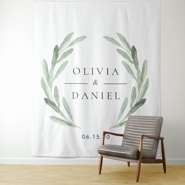 Elegant Olive Branch Wreath Wedding Backdrop Tapestry (In Situ)