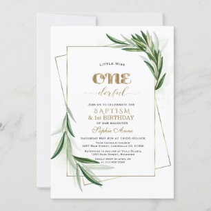 Elegant Olive Branches First Birthday & Baptism Invitation