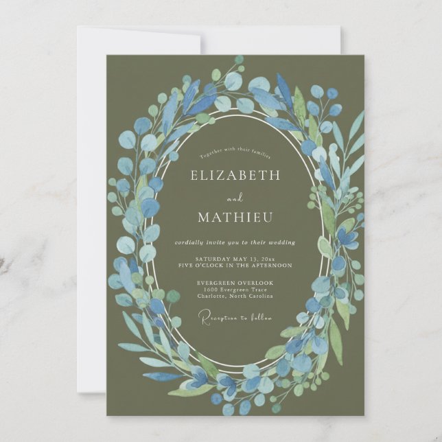 Elegant Olive Cornflower Wreath Wedding Invitation (Front)