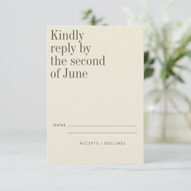 Elegant Olive Cream Minimalist Modern Wedding RSVP Card (Standing Front)