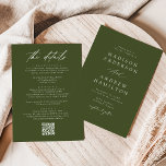 Elegant Olive Green All In One QR Code Wedding Invitation<br><div class="desc">Elegant, all-in-one wedding invitations featuring your names and wedding ceremony information on the front in white lettering with an olive green background. A modern calligraphy script completes the look of this chic olive green wedding invitation. Personalise the back of the calligraphy wedding invitations with wedding details such as reception information,...</div>