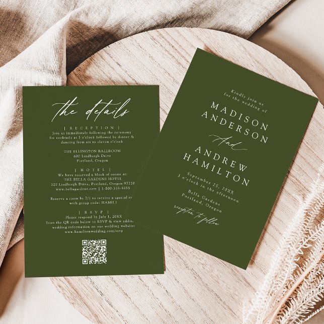 Elegant Olive Green All In One QR Code Wedding Invitation (Creator Uploaded)