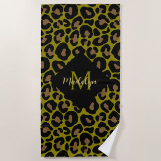 Elegant olive green and black leopard Monogrammed Beach Towel