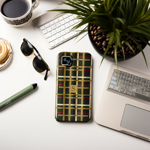 Elegant Olive Green and Gold Classic Plaid iPhone 15 Mini Case