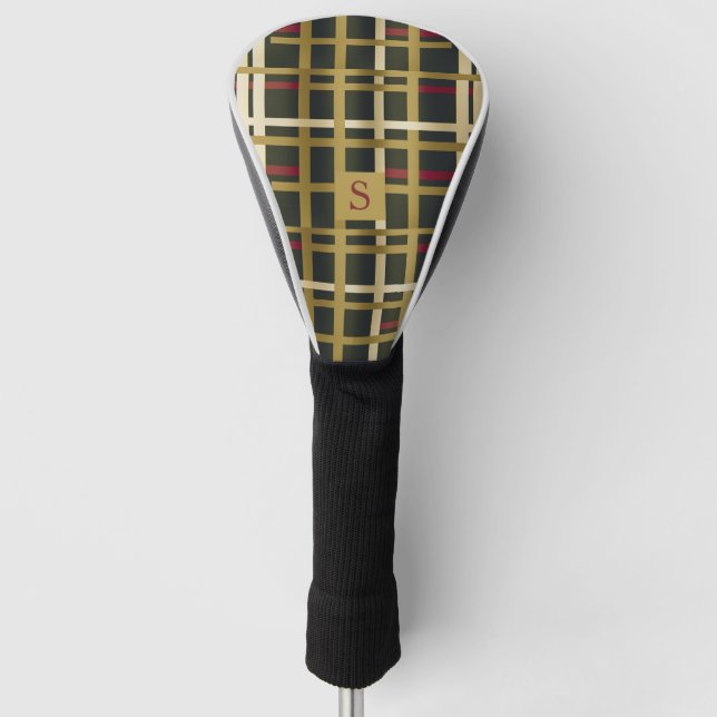 Elegant Olive Green and Gold Classic Plaid Golf Head Cover (Front)
