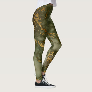 Elegant Olive Green and Gold Marble Leggings