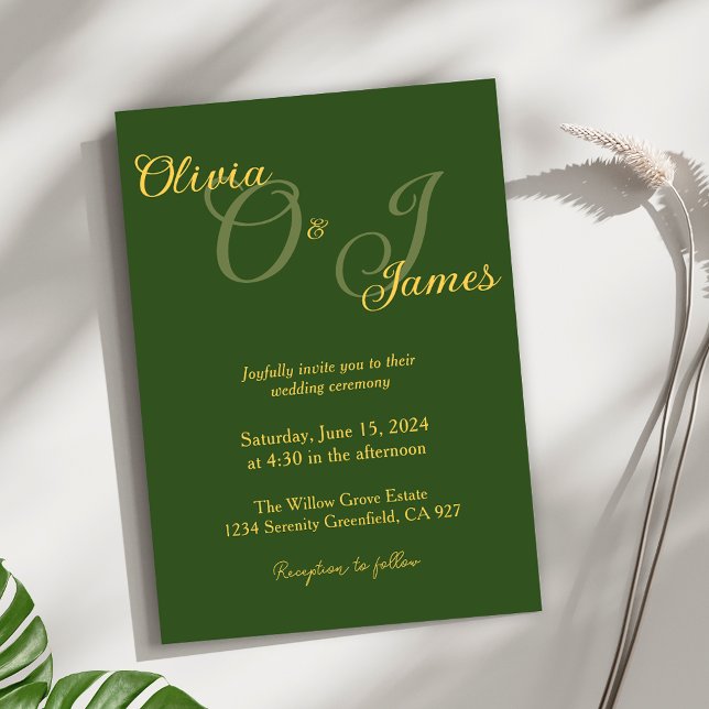 Elegant Olive Green and Gold Monogram Wedding  Invitation (Creator Uploaded)