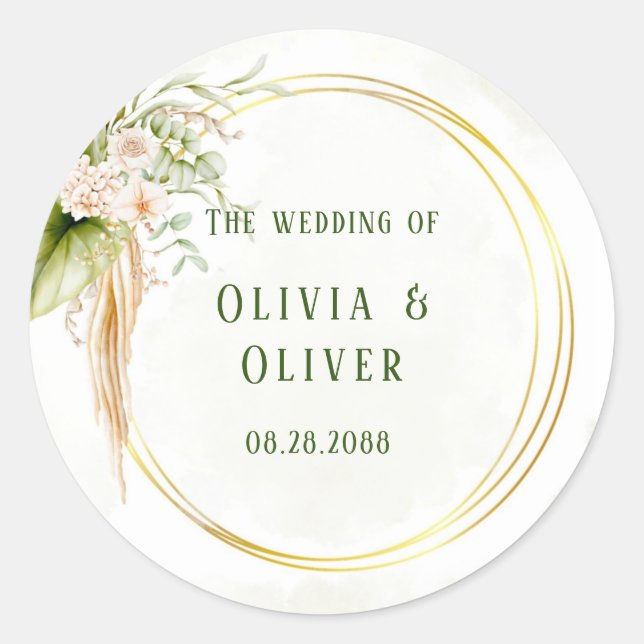 Elegant Olive Green and Gold Wedding Classic Round Sticker (Front)