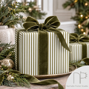 Elegant Olive Green and White Thin Striped Wrapping Paper