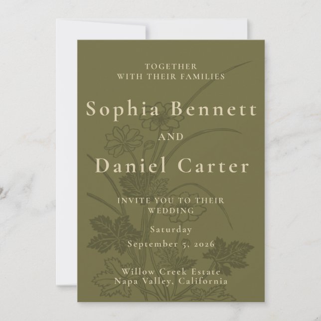 Elegant Olive Green Botanical Wedding Invitation (Front)