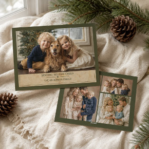 Elegant Olive Green Christmas Family Multi Photo Holiday Card