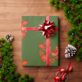 Elegant Olive Green & Coral Folk Art Bird Wrapping Paper