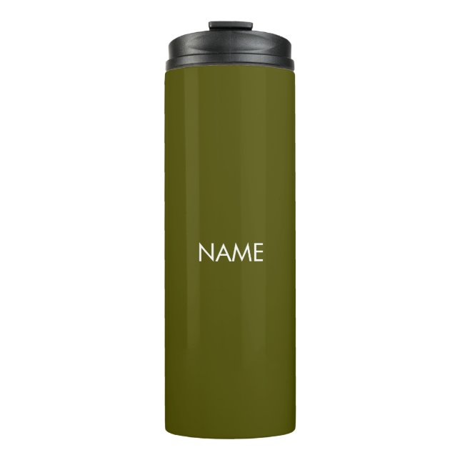Elegant olive green custom name text monogram thermal tumbler (Front)