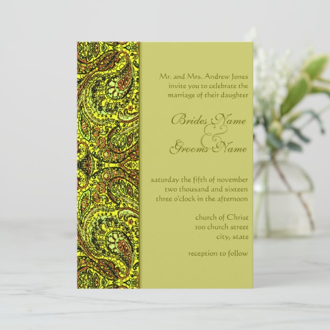 Elegant Olive Green Damask Paisley Wedding Invitation (Standing Front)