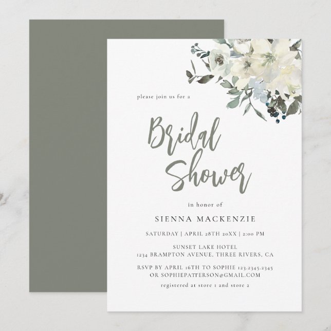 Elegant Olive Green Delicate Floral Bridal Shower Invitation (Front/Back)