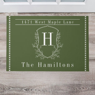 Elegant olive green family monogram address doormat