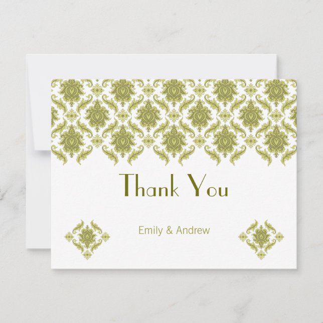 Elegant Olive Green Floral Damask Wedding Thank You Card (Front)