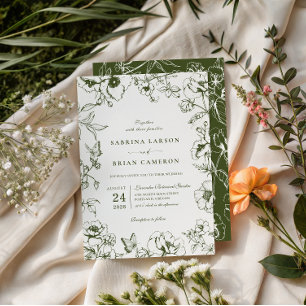 Elegant Olive Green Floral Garden Wedding Invitation