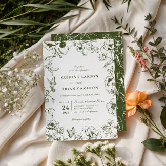 Elegant Olive Green Floral Garden Wedding Invitation