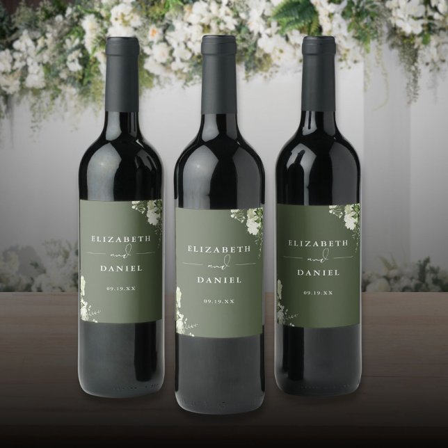 Elegant Olive Green Floral Greenery Wedding Wine Label (Elegant Olive Green Floral Greenery Wedding Wine Label)