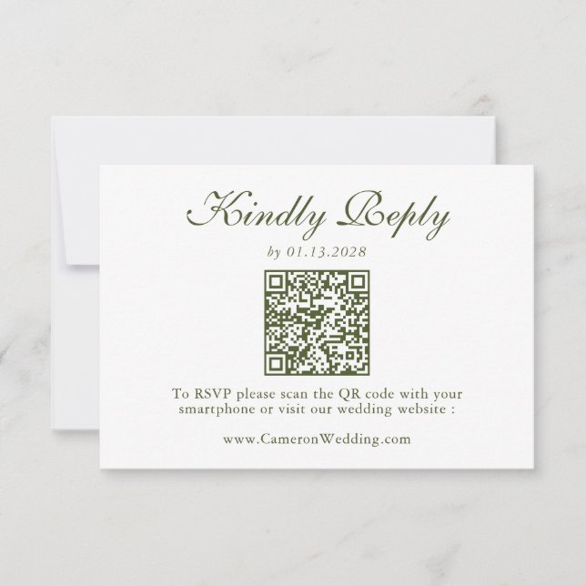 Elegant Olive Green Floral QR Code Wedding RSVP  Card (Front)