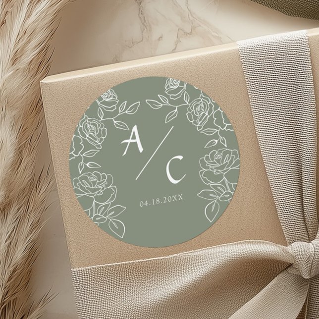 Elegant Olive Green French Roses Wedding Classic Round Sticker (Creator Uploaded)