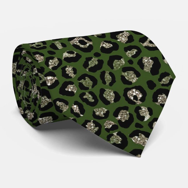 Elegant Olive Green Glitter Leopard Animal Print Tie (Rolled)