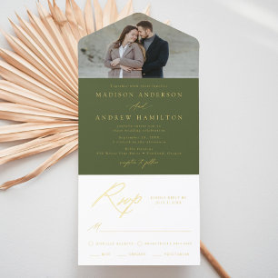 Elegant Olive Green Gold Foil Calligraphy Wedding All In One Invitation