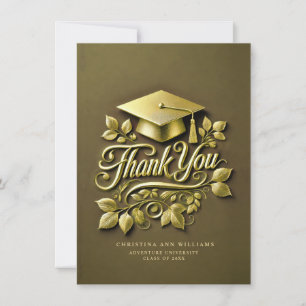 Elegant Olive Green Gold Grad Cap Leaf Graduation Thank You Card
