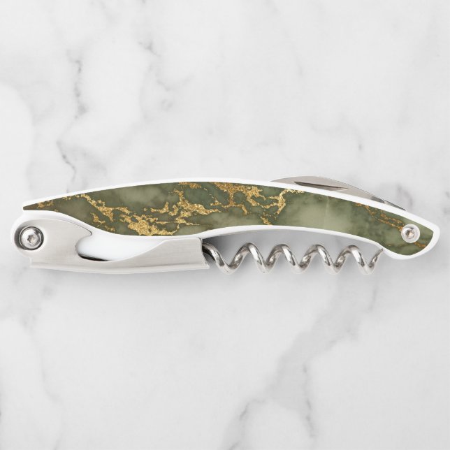 Elegant Olive Green Gold Marble Texture Corkscrew (Front)
