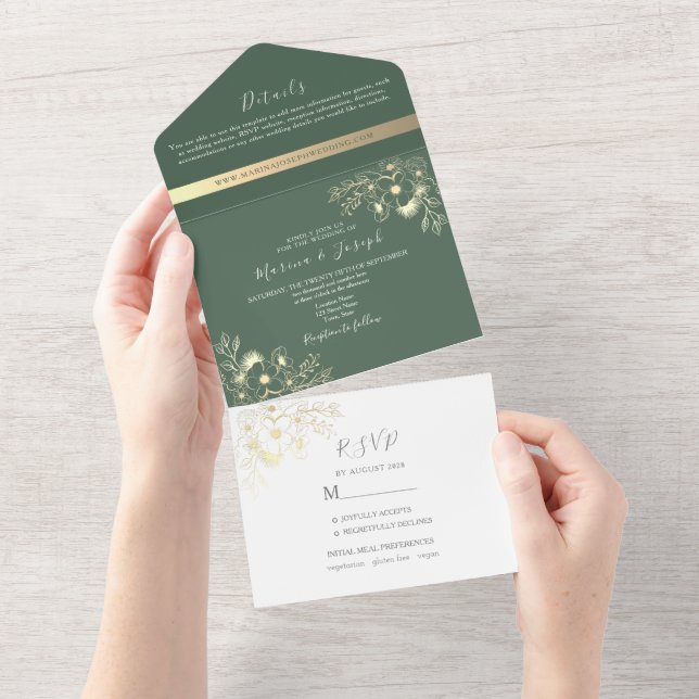 Elegant Olive Green Gold Wedding All In One Invitation (Tearaway)