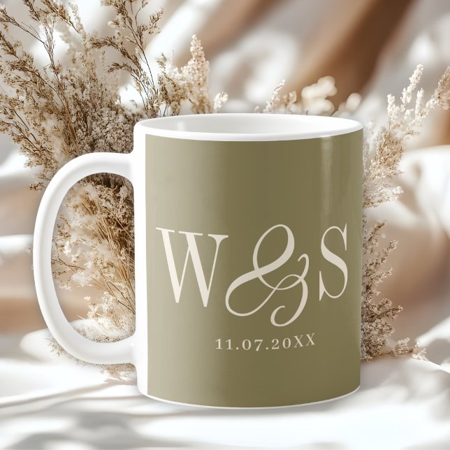 Elegant olive green initial wedding couples coffee mug (Creator Uploaded)