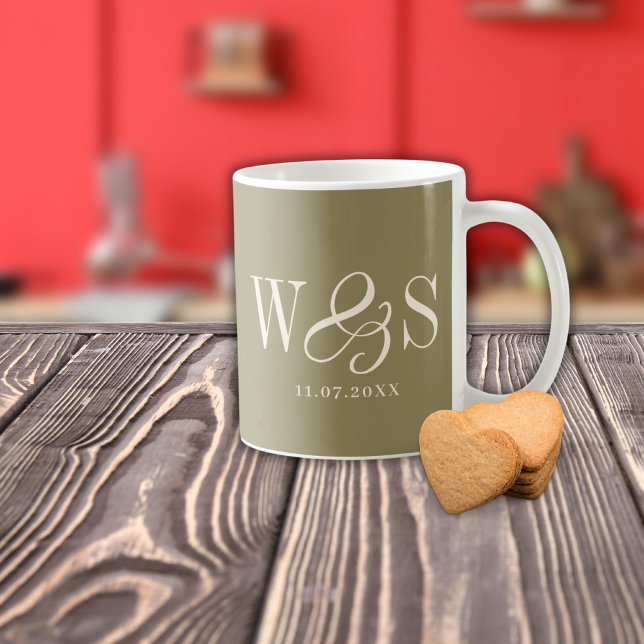 Elegant olive green initial wedding couples coffee mug (Creator Uploaded)