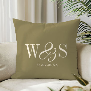 Elegant olive green initial wedding couples cushion