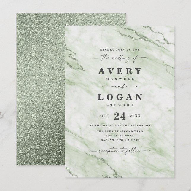 Elegant Olive Green Marble & Glitter Wedding Invitation (Front/Back)