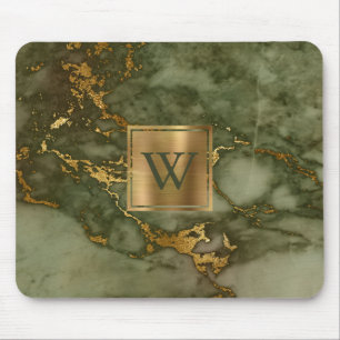 Elegant Olive Green Marble Gold Monogram Mouse Mat