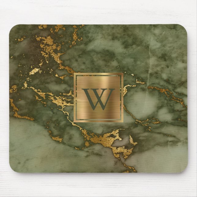 Elegant Olive Green Marble Gold Monogram Mouse Mat (Front)