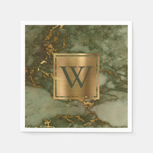 Elegant Olive Green Marble Gold Monogram Napkin (Front)