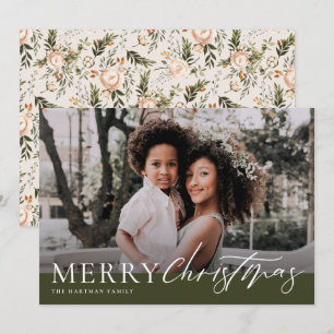 Elegant Olive Green Merry Christmas Floral Photo Holiday Card