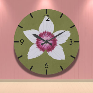 Elegant Olive Green Modern Clematis Hand-Drawn Large Clock