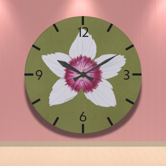 Elegant Olive Green Modern Clematis Hand-Drawn Large Clock (Creator Uploaded)