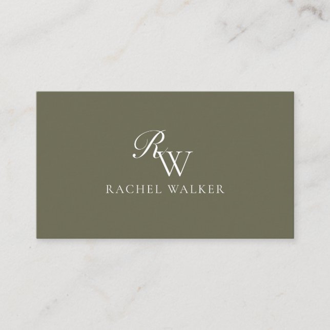 Elegant Olive Green Monogram Business Card (Front)