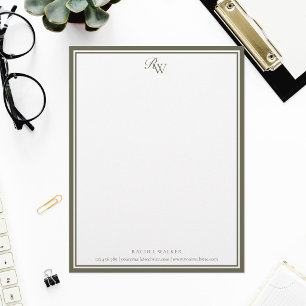 Elegant Olive Green Monogram Two Border Custom Letterhead