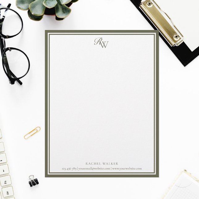 Elegant Olive Green Monogram Two Border Custom Letterhead (Creator Uploaded)