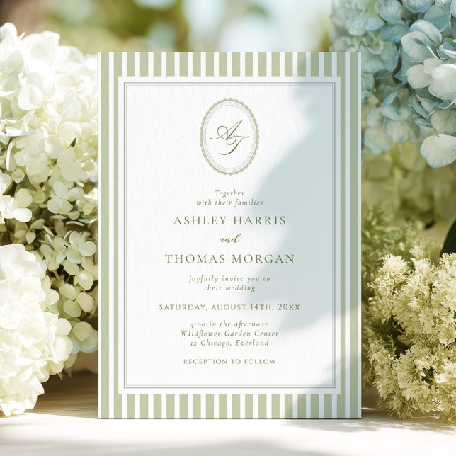Elegant Olive Green Monogram Wedding Invitation (Creator Uploaded)
