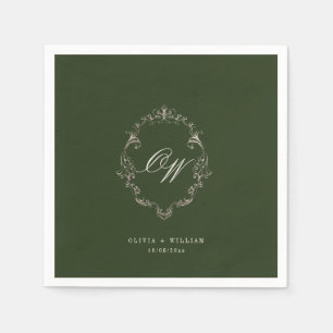 Elegant Olive Green Monogram Wedding Napkin