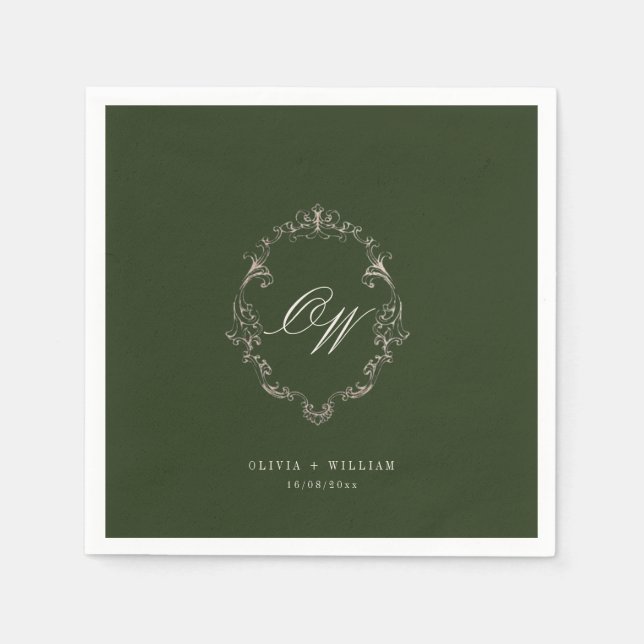 Elegant Olive Green Monogram Wedding Napkin (Front)