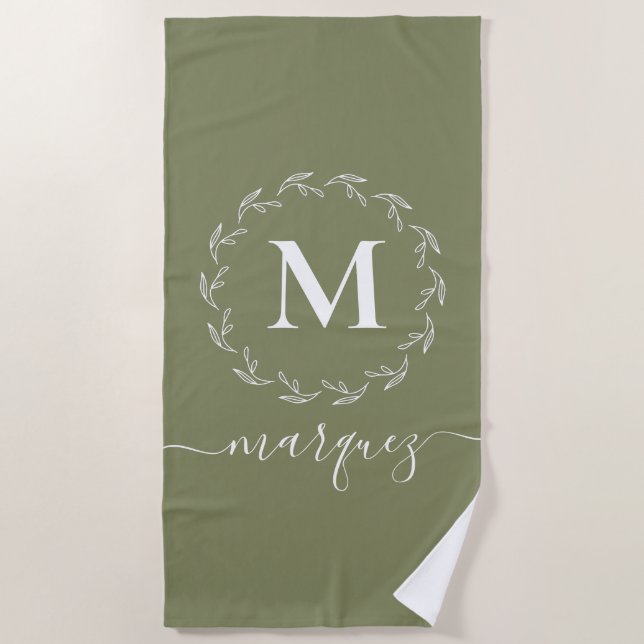 Elegant Olive Green Personalised Wreath Monogram Beach Towel (Front)